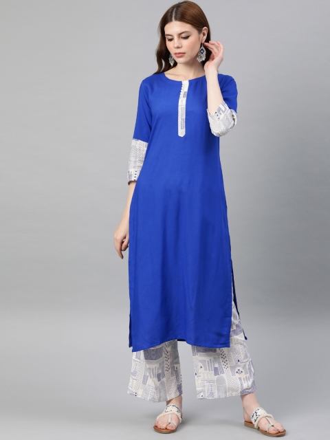 

ZIYAA Women Blue & Off-White Printed Straight Kurta