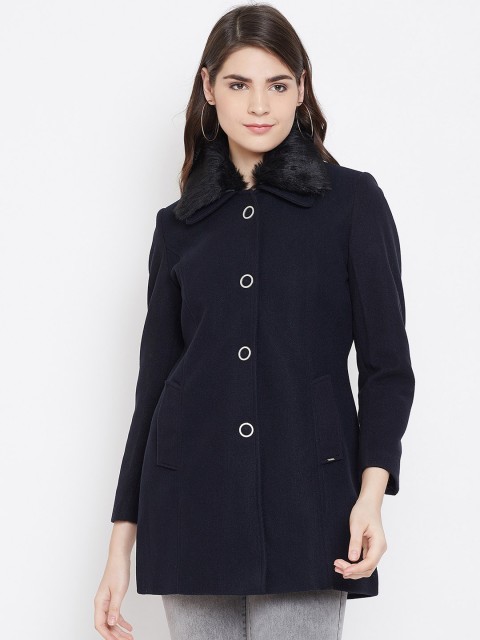 

Okane Women Navy Blue Solid Single-Breasted Faux Fur Trimmed Overcoat