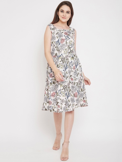 

Ruhaans Women Off-White & Pink Printed Fit and Flare Dress