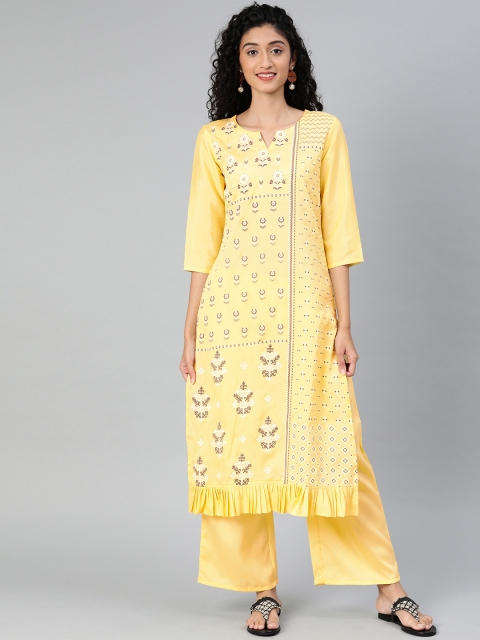

ZIYAA Women Yellow & Off-White Printed Straight Kurta