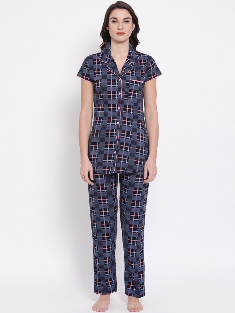 Clovia Women Navy Blue & Pink Checked Night suit LS0491P08