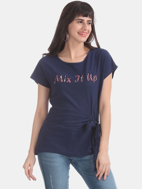 

Cherokee Women Blue Printed Cinched Waist Top