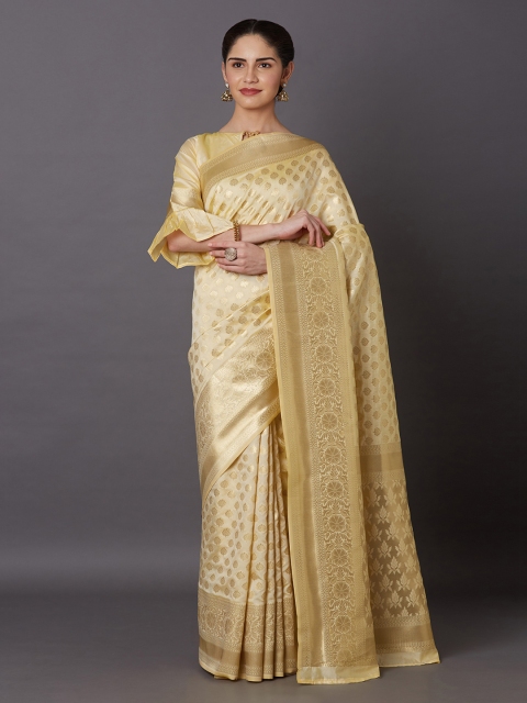 

Mitera Beige Silk Blend Woven Design Kanjeevaram Saree
