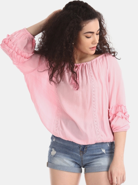

Cherokee Women Pink Solid Blouson Top With Lace Inserts