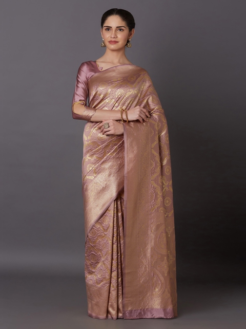 

Mitera Purple & Gold-Toned Silk Blend Woven Design Kanjeevaram Saree