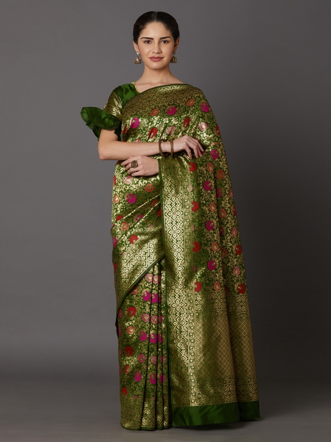 

Mitera Green & Gold-Toned Silk Blend Woven Design Kanjeevaram Saree