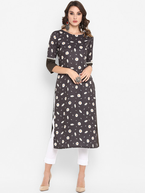 

Janasya Women Grey & White Floral Printed Straight Kurta