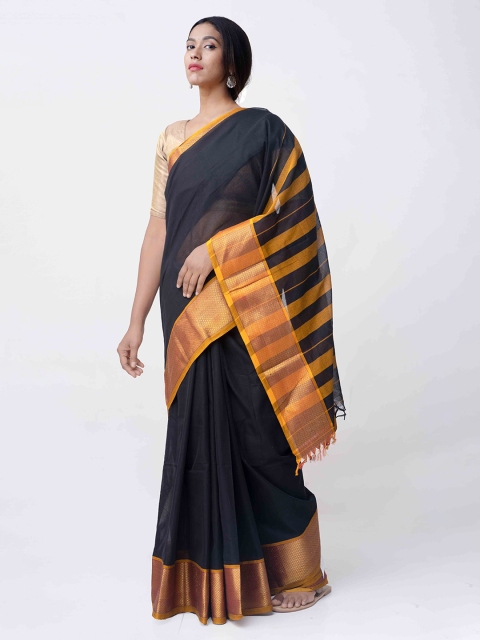 

Unnati Silks Black Pure Cotton Solid Narayan Peth Saree