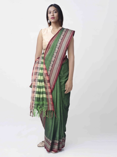 

Unnati Silks Green Pure Cotton Solid Narayan Peth Saree