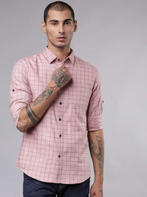 

LOCOMOTIVE Men Pink & Navy Blue Slim Fit Checked Casual Shirt