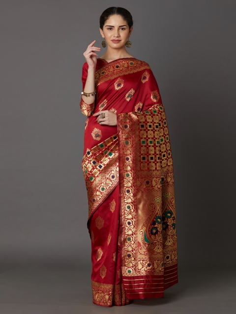

Mitera Red & Gold-Toned Silk Blend Woven Design Kanjeevaram Saree