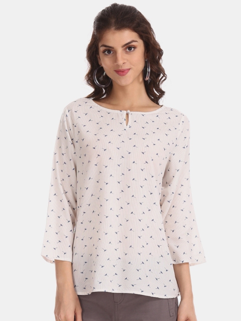 

Cherokee Women White & Blue Floral Print Top