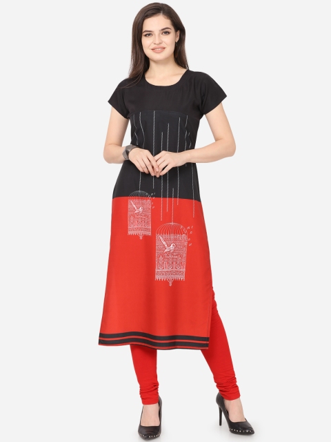 

Kvsfab Women Black & Red Printed Straight Kurta