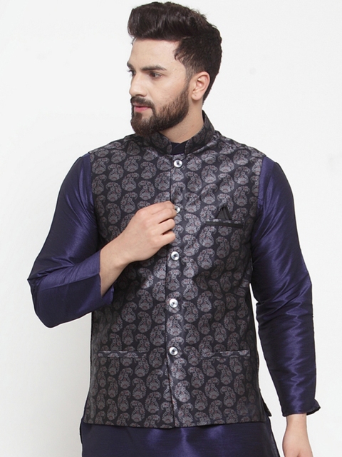 

TAG 7 Men Black & Grey Printed Nehru Jacket