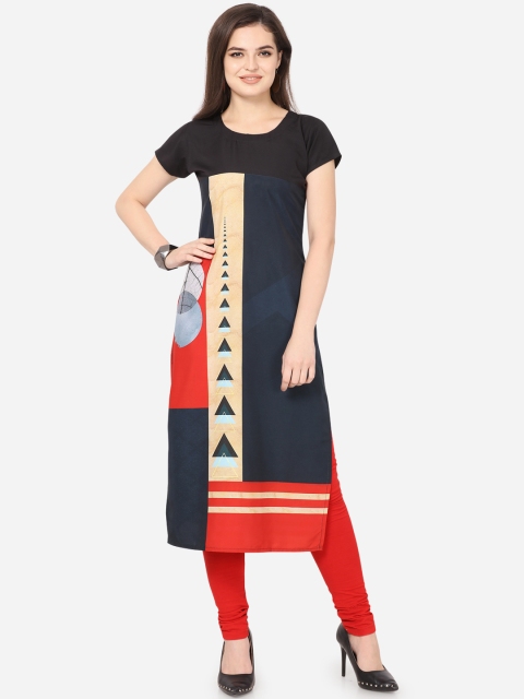 

Kvsfab Women Blue & Black Printed Straight Kurta