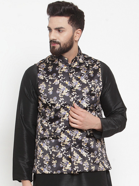 

TAG 7 Men Black & Blue Floral Printed Nehru Jacket