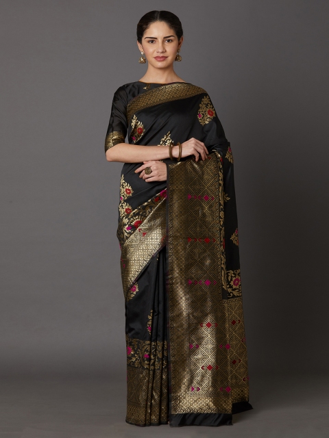 

Mitera Black & Gold-Toned Silk Blend Woven Design Kanjeevaram Saree