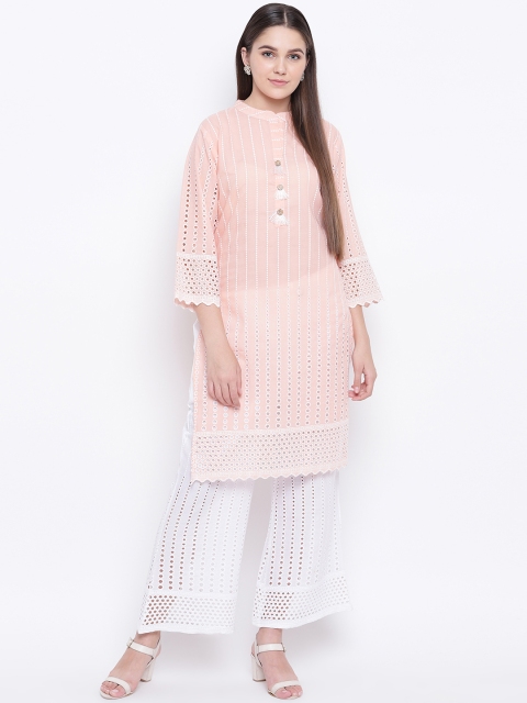 

Kvsfab Women Peach-Coloured & White Embroidered Kurta with Palazzos