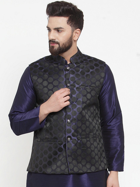 

TAG 7 Men Navy Blue & Black Woven Design Nehru Jacket