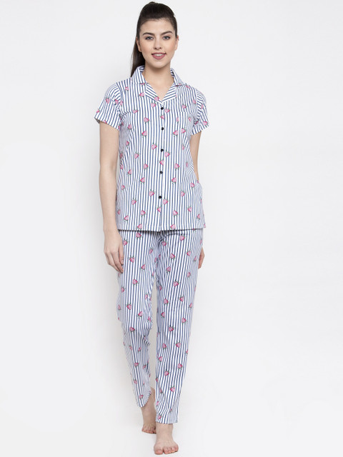

Claura Women White & Blue Striped Night suit