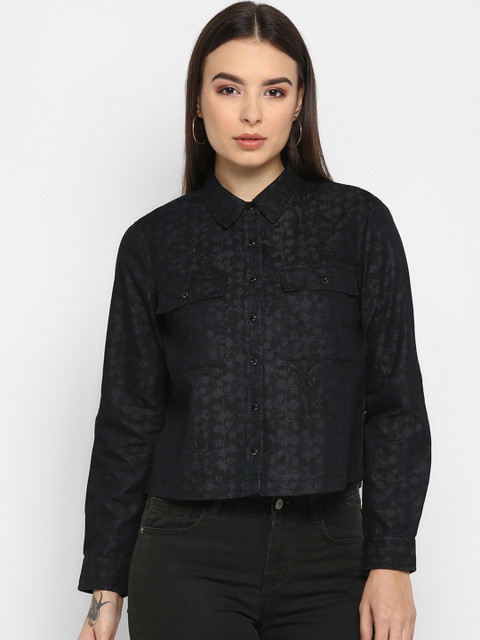 

FOSH Women Black & Grey Regular Fit Printed Casual Shirt