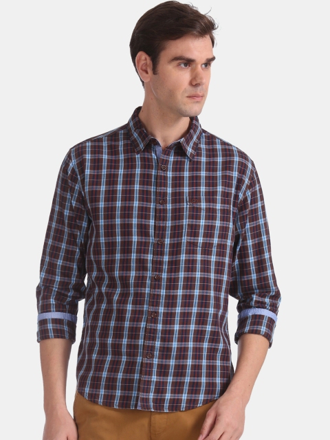 

Ruggers Men Brown & Blue Slim Fit Checked Casual Shirt