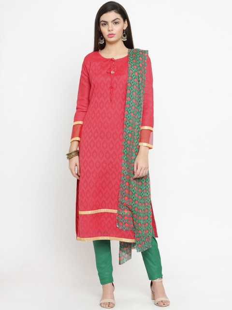 

mf Coral Pink & Green Silk Blend Unstitched Dress Material