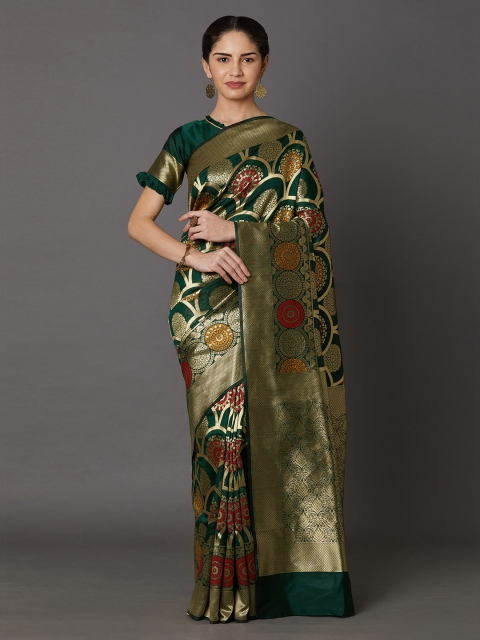 

Mitera Green & Gold-Toned Silk Blend Woven Design Kanjeevaram Saree
