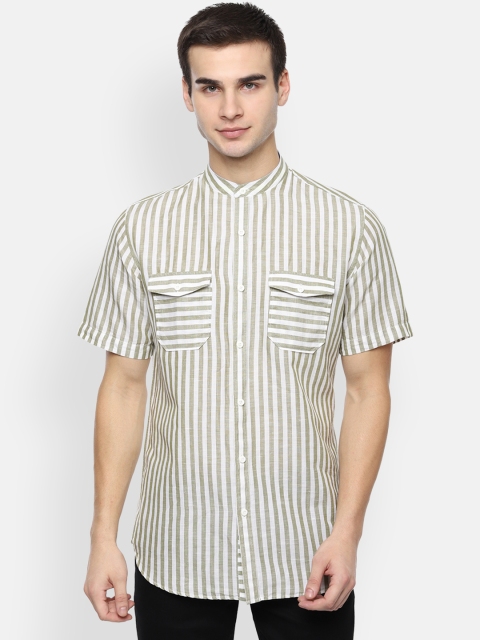 

Van Heusen Sport Men Olive Green & White Slim Fit Striped Casual Shirt