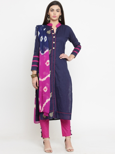 

mf Navy Blue & Pink Cotton Blend Unstitched Dress Material