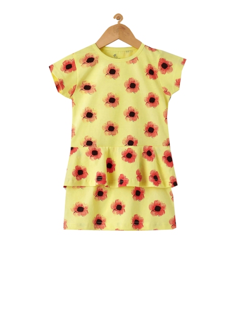 

KiddoPanti Girls Yellow Floral Printed A-Line Dress