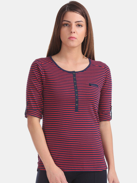 

Cherokee Women Red & Navy Blue Striped Henley Neck T-shirt