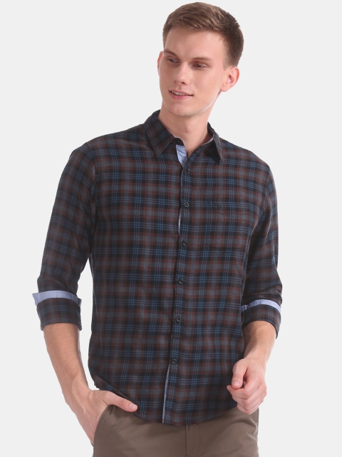 

Ruggers Men Blue & Brown Slim Fit Checked Casual Shirt