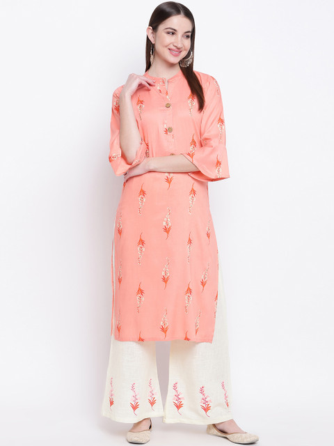 

Kvsfab Women Peach-Coloured & Cream-Coloured Printed Kurta with Palazzos