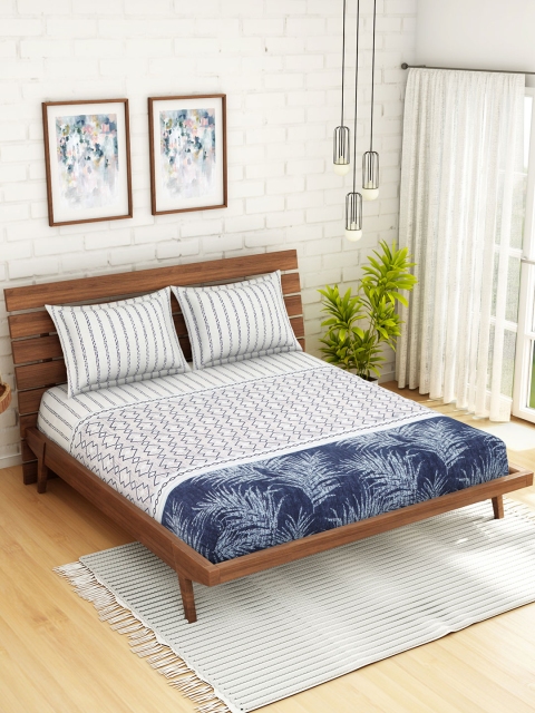 

WELHOME Grey & Blue Abstract 200 TC 1 Microfibre Queen Bedsheet with 2 Pillow Covers