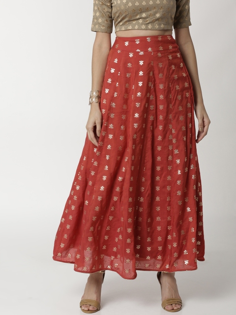 

De Moza Women Red & Gold-Toned Printed Flared Jacquard Maxi Skirt