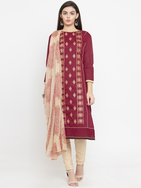 

mf Maroon & Beige Silk Blend Unstitched Dress Material