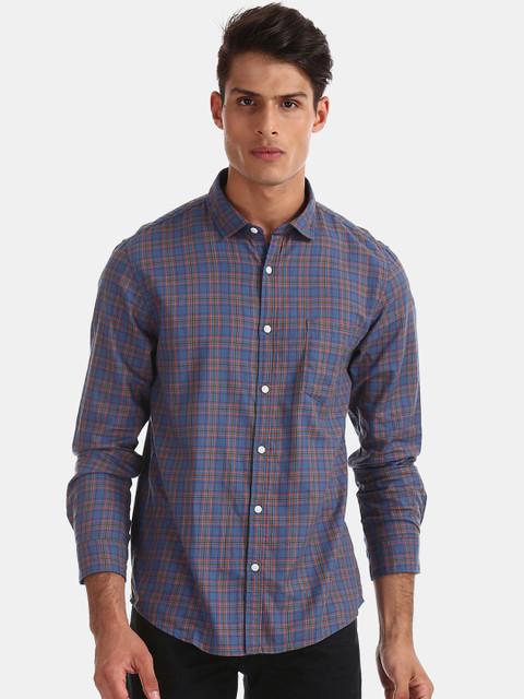 

Ruggers Men Blue & Orange Regular Fit Checked Casual Shirt