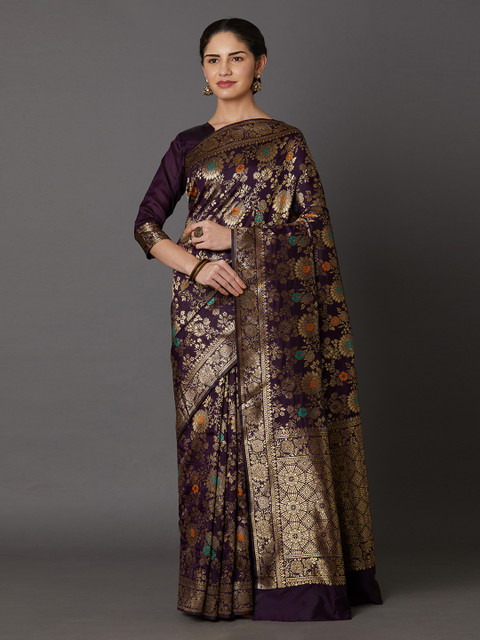 

Mitera Brown & Gold-Toned Silk Blend Woven Design Kanjeevaram Saree