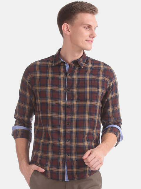 

Ruggers Men Brown & Beige Slim Fit Checked Casual Shirt