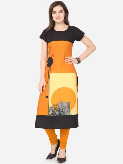 

Kvsfab Women Orange & Black Printed Straight Kurta