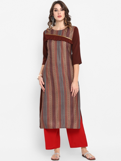 

Janasya Women Brown & Blue Striped Straight Kurta
