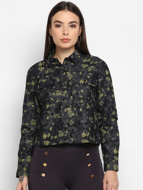 

FOSH Women Olive Green & Black Regular Fit Printed Casual Shirt