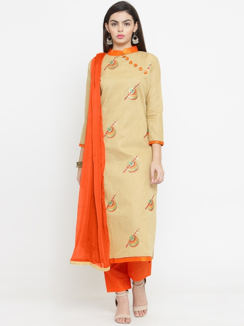 

mf Beige & Orange Cotton Blend Unstitched Dress Material