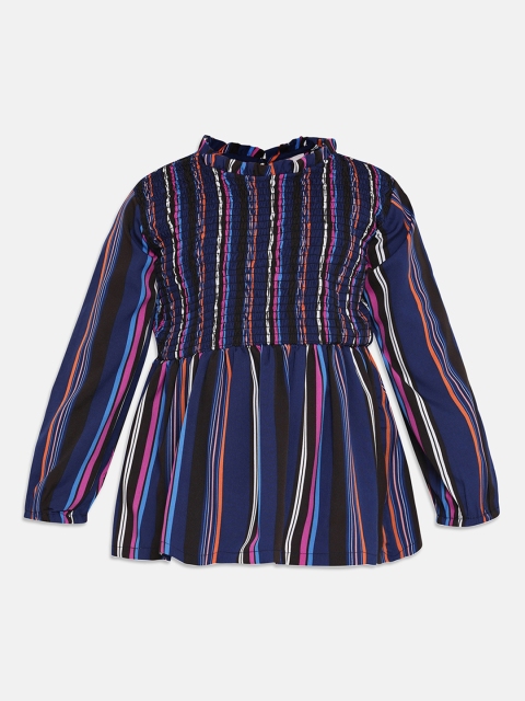 

Oxolloxo Girls Navy Blue & Black Striped Top With Smocking Detail