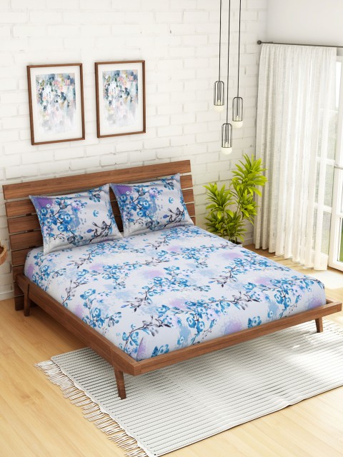 

WELHOME White & Blue Floral 200 TC 1 Microfibre Double Queen Bedsheet with 2 Pillow Covers