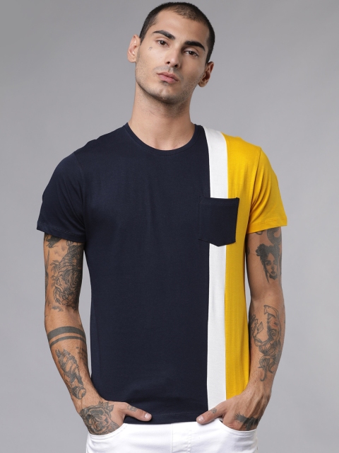 

Ecko Unltd Men Navy Blue Striped Slim Fit Round Neck T-shirt