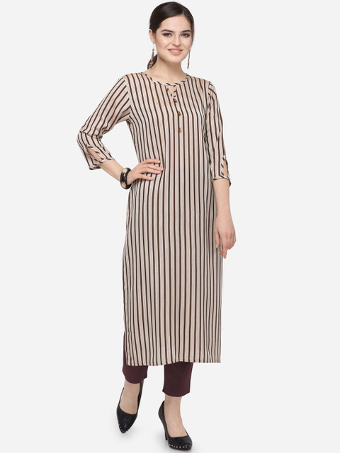 

Kvsfab Women Beige & Grey Striped Straight Kurta