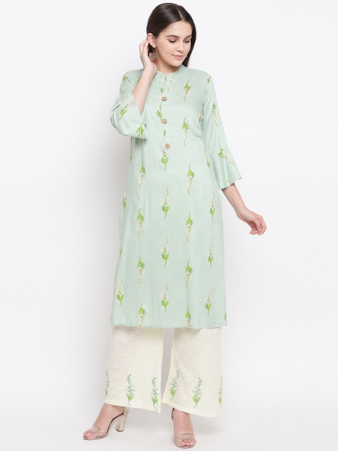 

Kvsfab Women Green & Cream-Coloured Printed Kurta with Palazzos