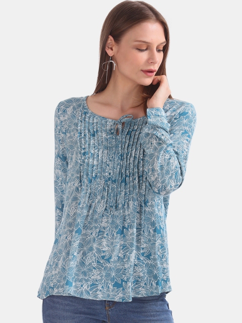 

Cherokee Women Blue Floral Print Top With Pleated Detail